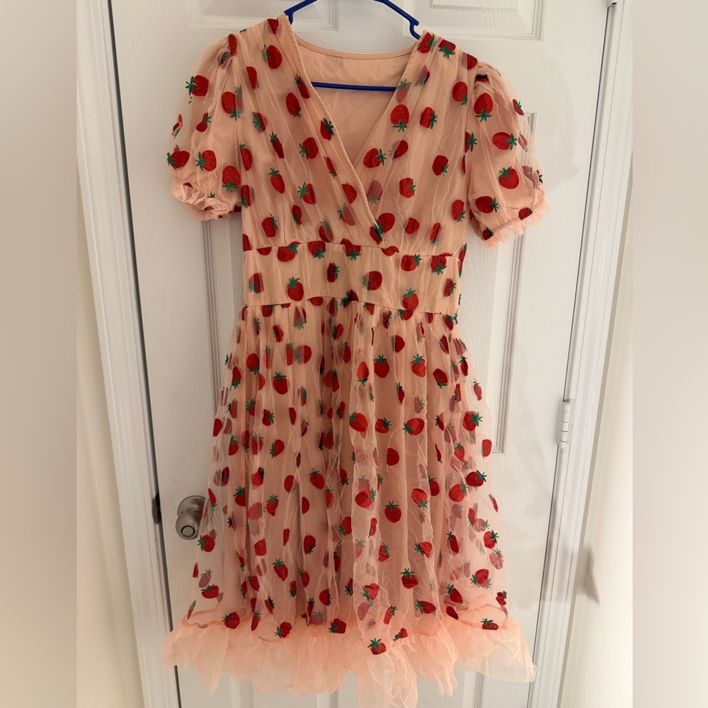 Pink Strawberry-Print Tulle Mini Dress with Embroidered Details